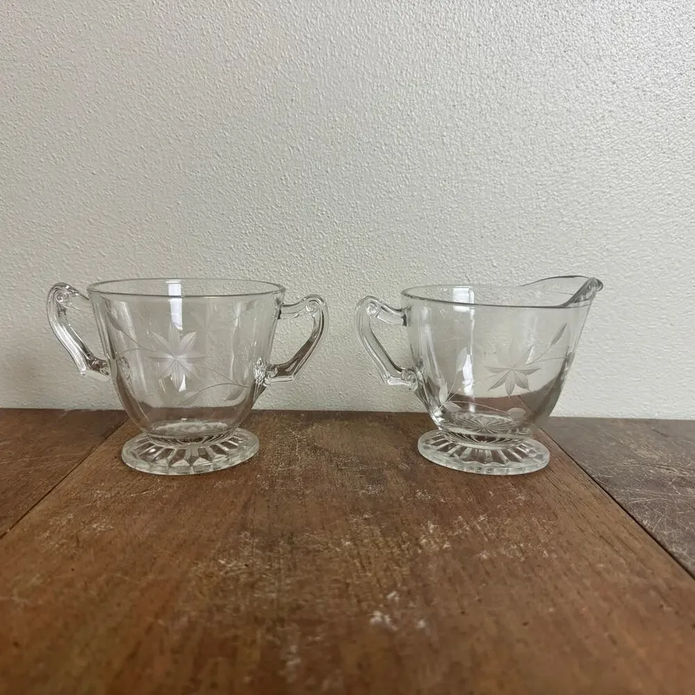 Vintage‎ Depression Era Floral Etched Clear Glass Sugar Bowl and Creamer